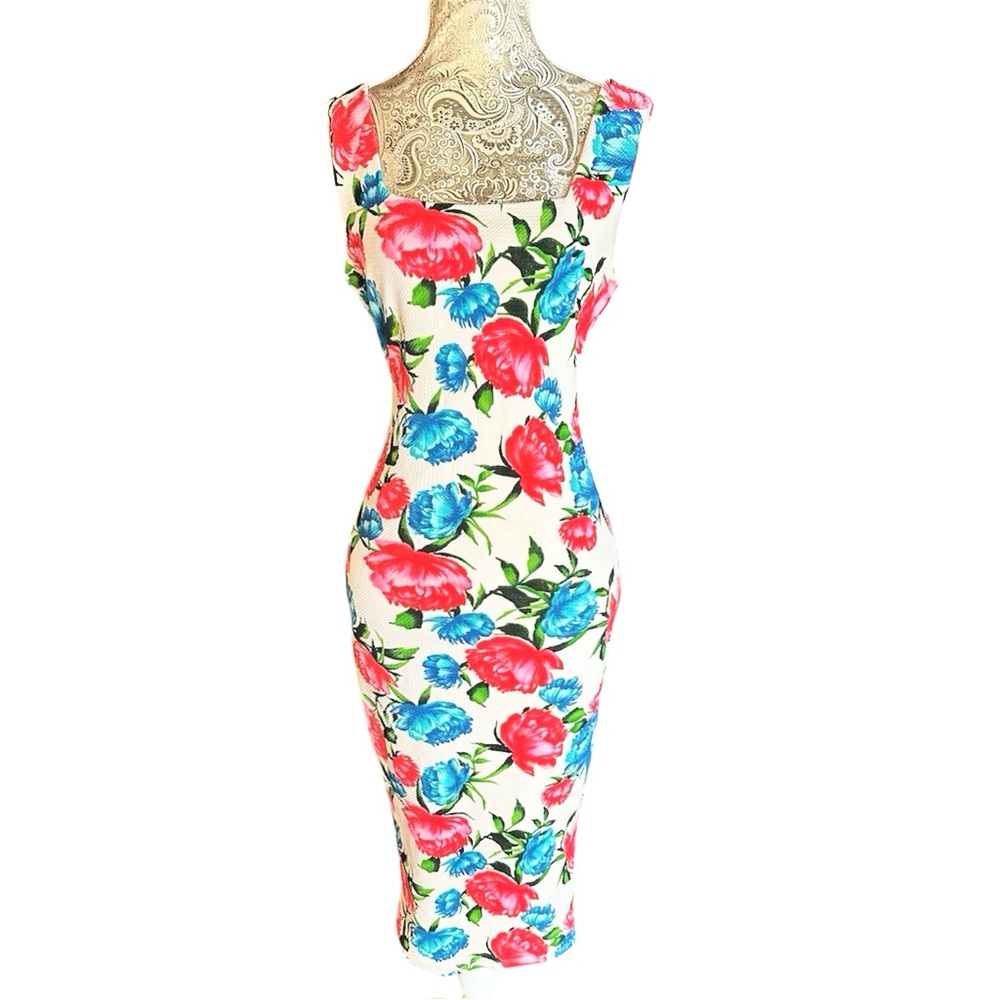 Vibrant White Stretch Floral Midi Dress Pink Blue Bridal Pinup Size Medium